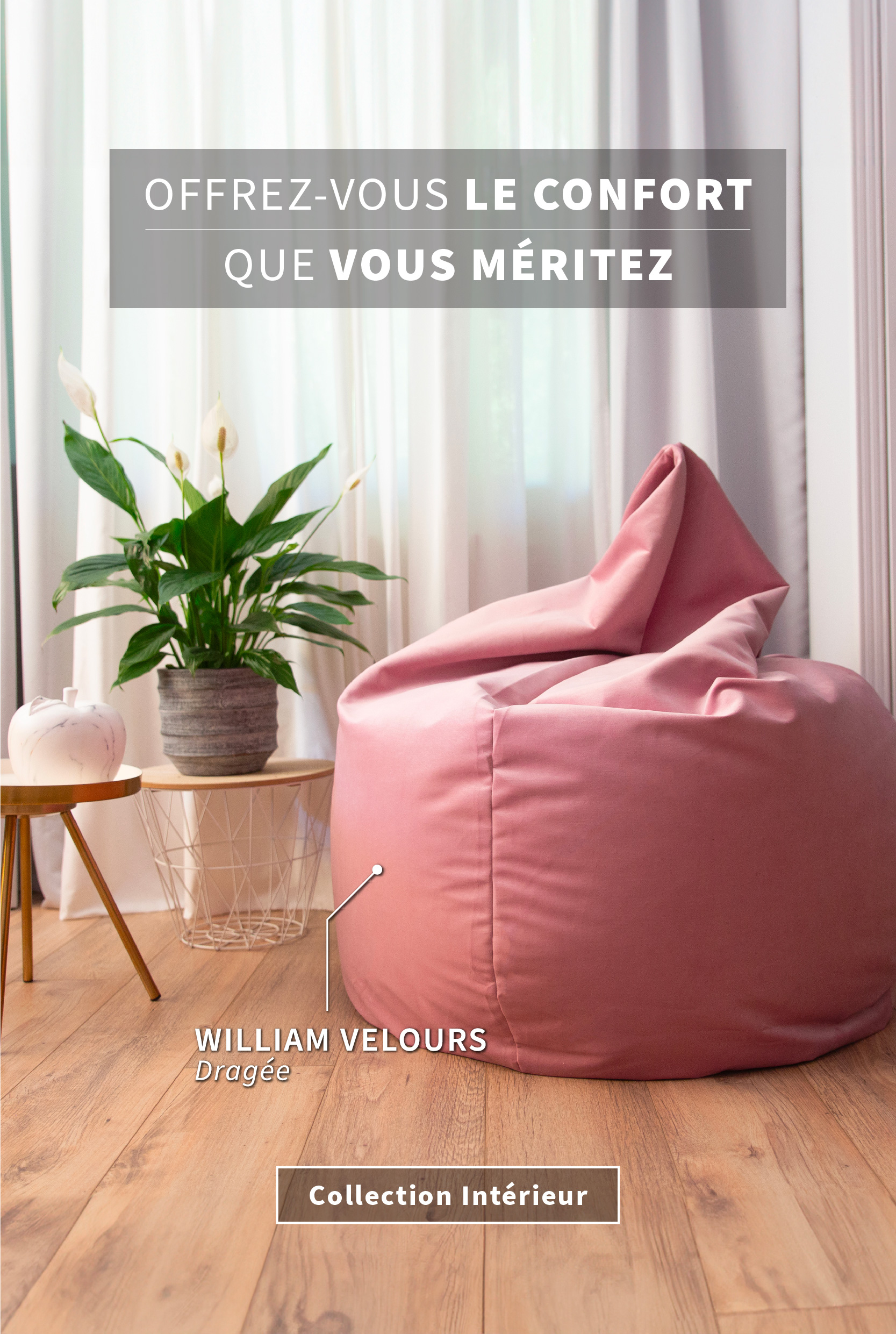 Pouf poire William Velours Rose Dragée